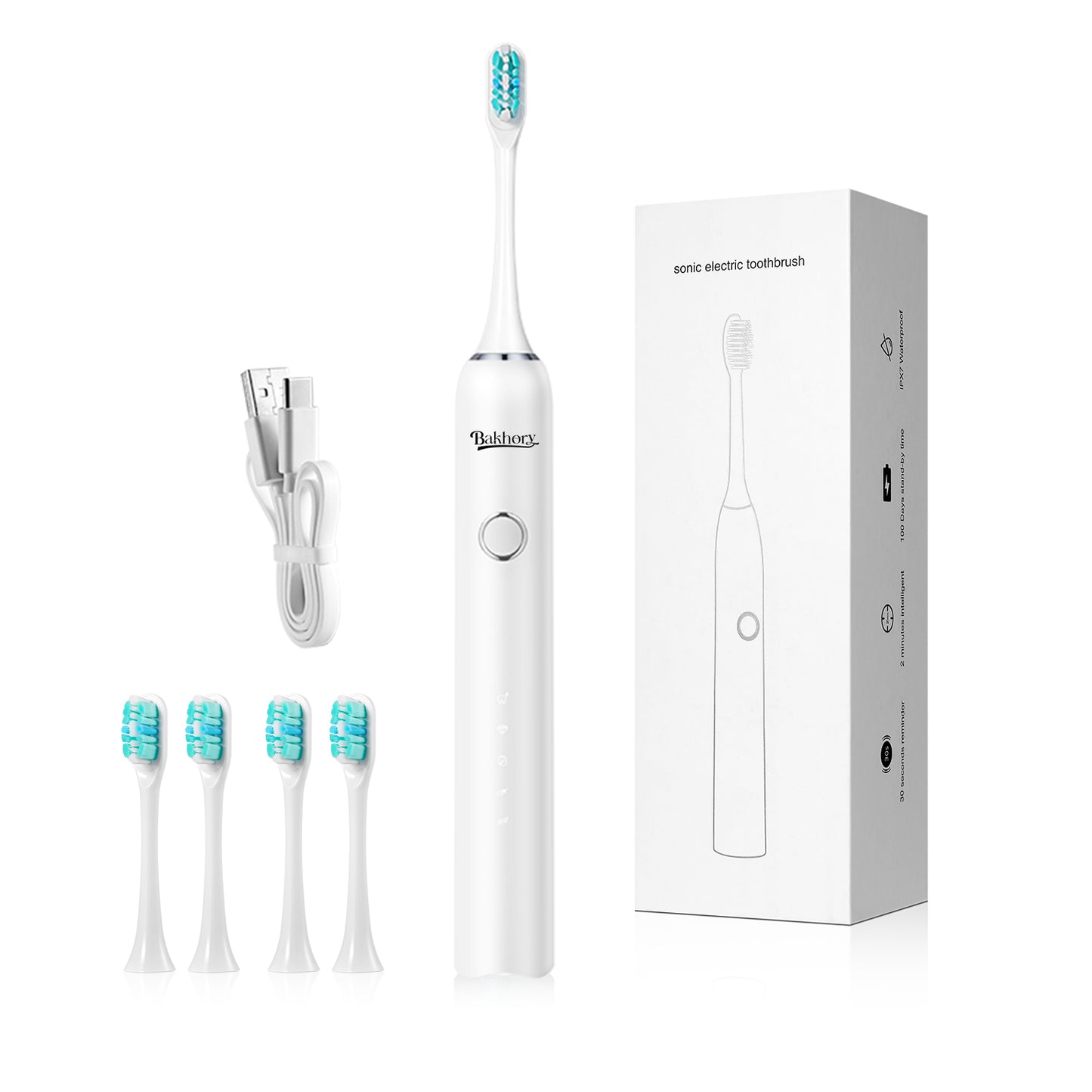 Electric Rechargeable Toothbrushes with 2 Minutes Timer, 4 Pieces Replacement Brush Heads, White & Black Color
